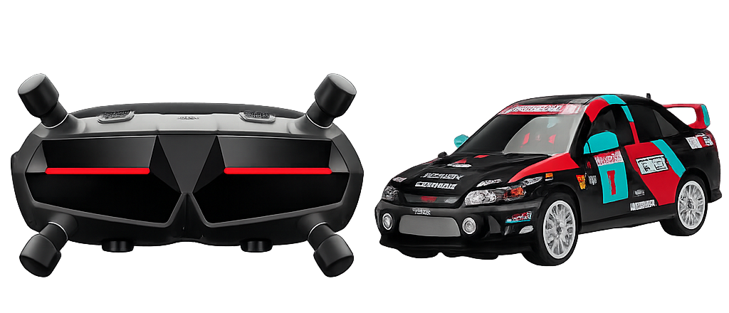 Competitors using FPV goggles during an RC car racing hire event at a UK festival